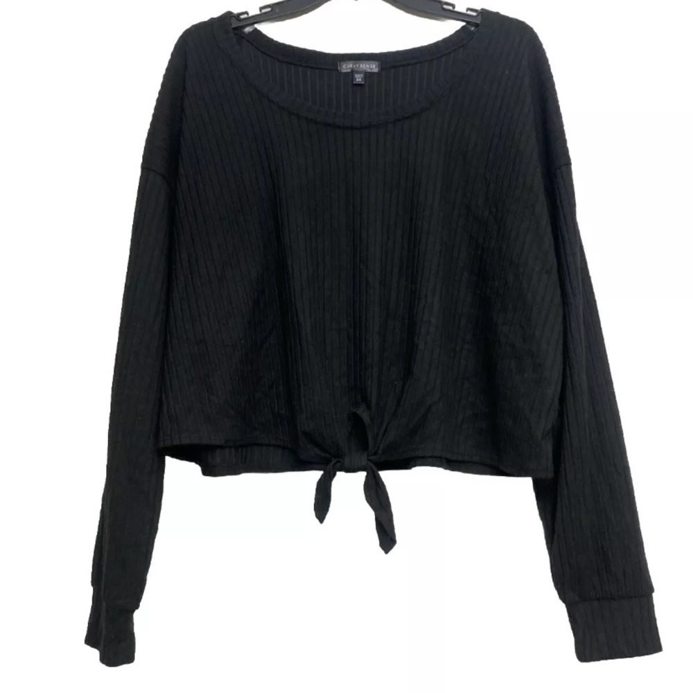 Curvy Sense Black Ribbed Cropped Tie Top Womens Plus Size 2X / 4X NEW